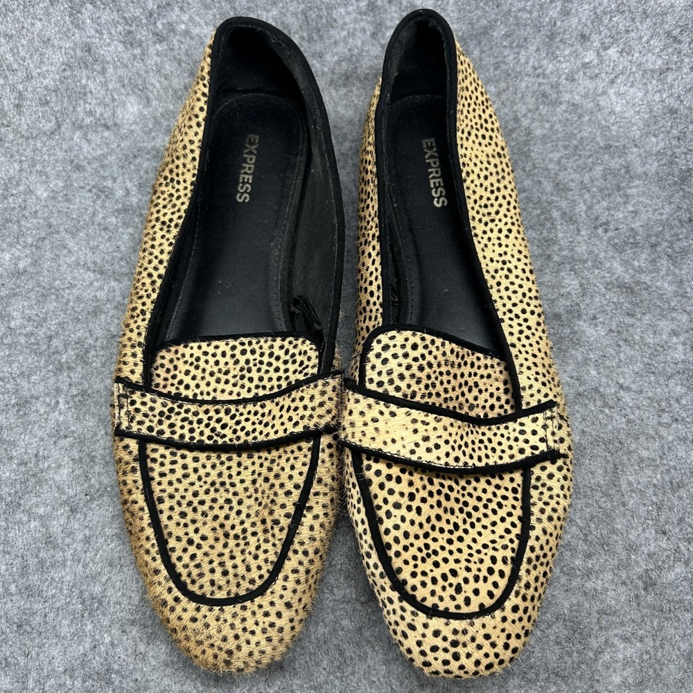 Express Womens Calf Hair Loafers 8 Tan Black Animal Print Pointed Toe Flats